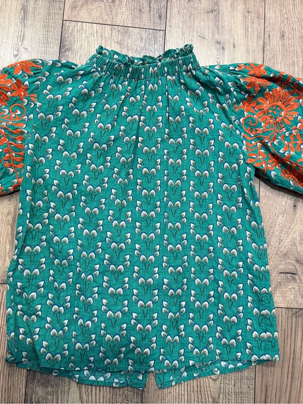 Woman’s ' Teal Floral Button-Front Top with Orange Embroidered Sleeves
